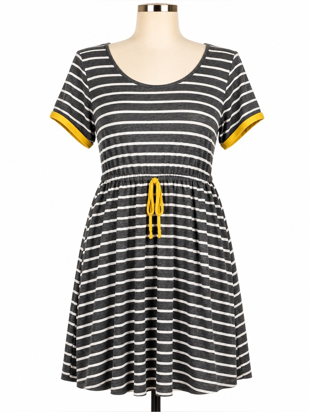 Plus Size Black & White Striped Short Sleeve Tee Dress with Mustard Accents